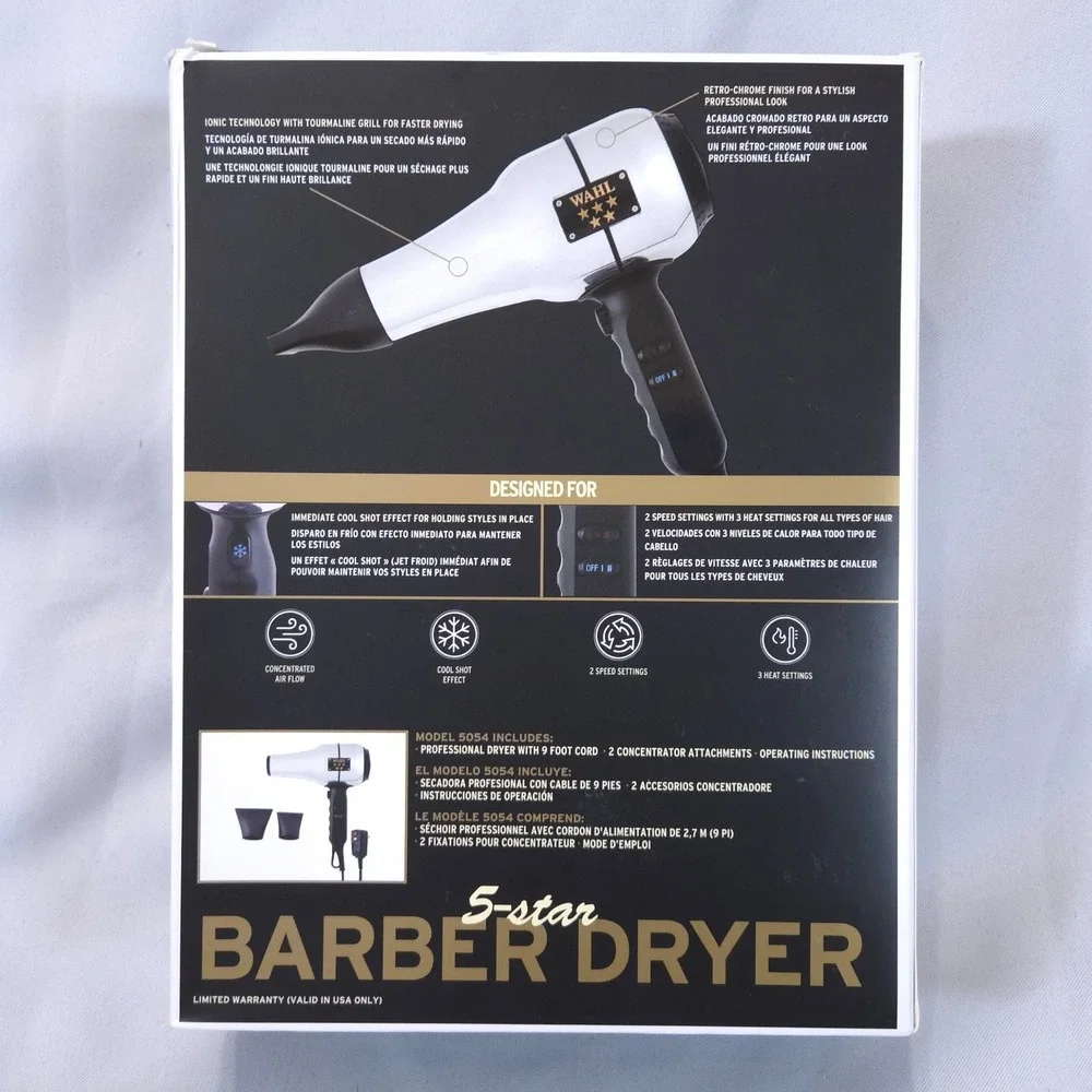 Wahl Professional 5-Star Barber Hair Dryer #5054 Silver 2 Speed 3 Heat New